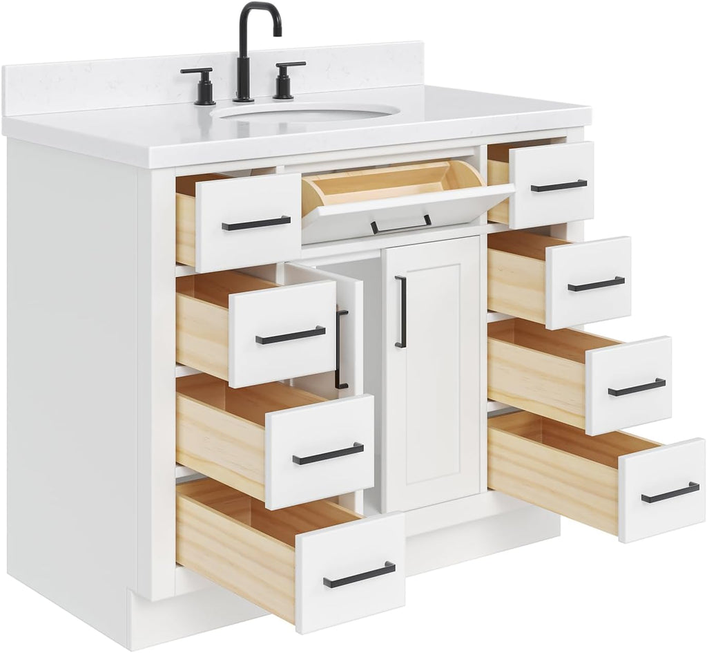 DKB Isabella 42-Inch White Bathroom Vanity with Sink, 1.5-Inch Edge Carrara Quartz Countertop, Solid Wood Frame, Oval Sink, 2 Soft Closing Doors, 9 Dovetail Drawers, Toe Kick