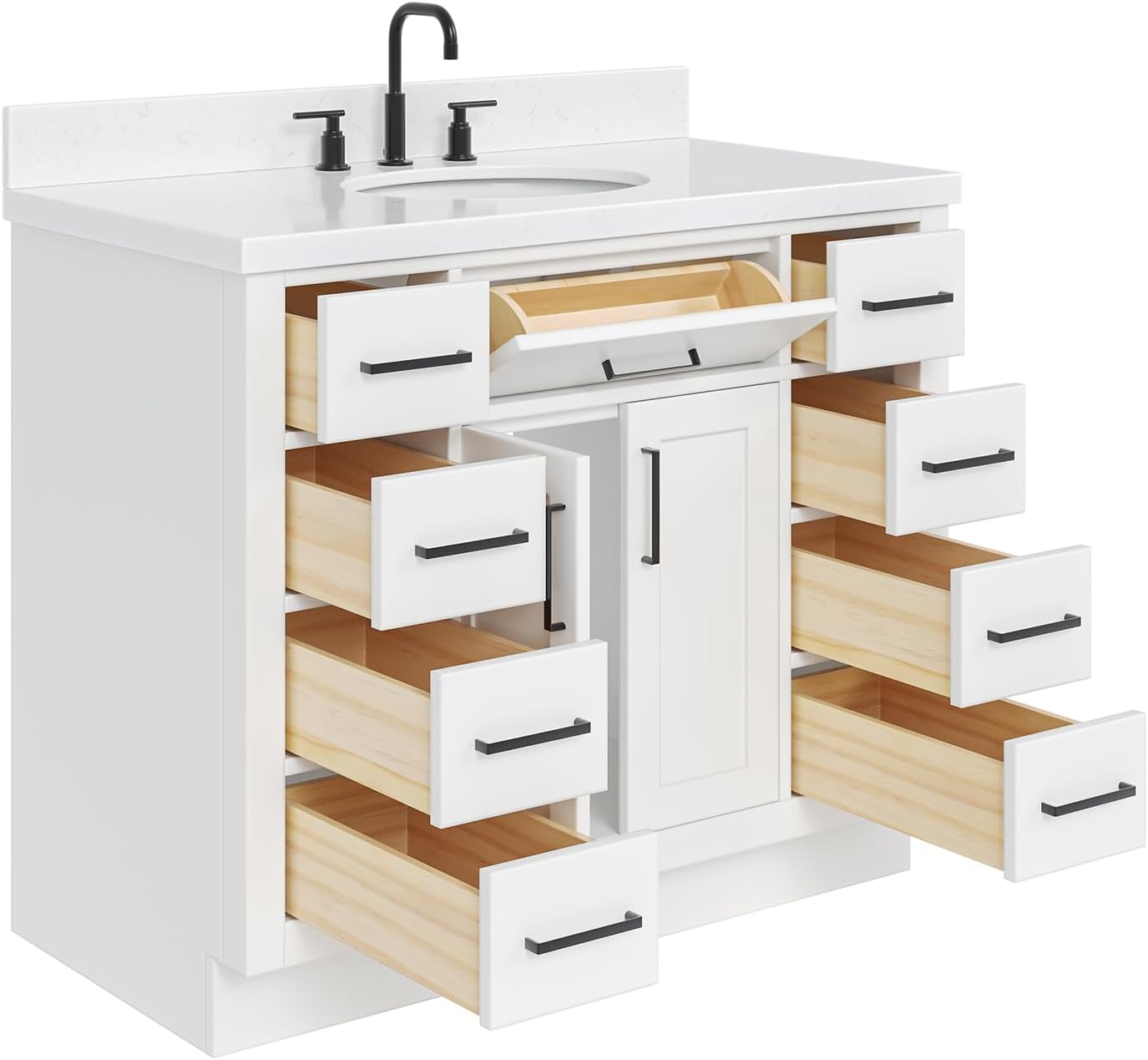 DKB Isabella 42-Inch White Bathroom Vanity with Sink, 1.5-Inch Edge Carrara Quartz Countertop, Solid Wood Frame, Oval Sink, 2 Soft Closing Doors, 9 Dovetail Drawers, Toe Kick