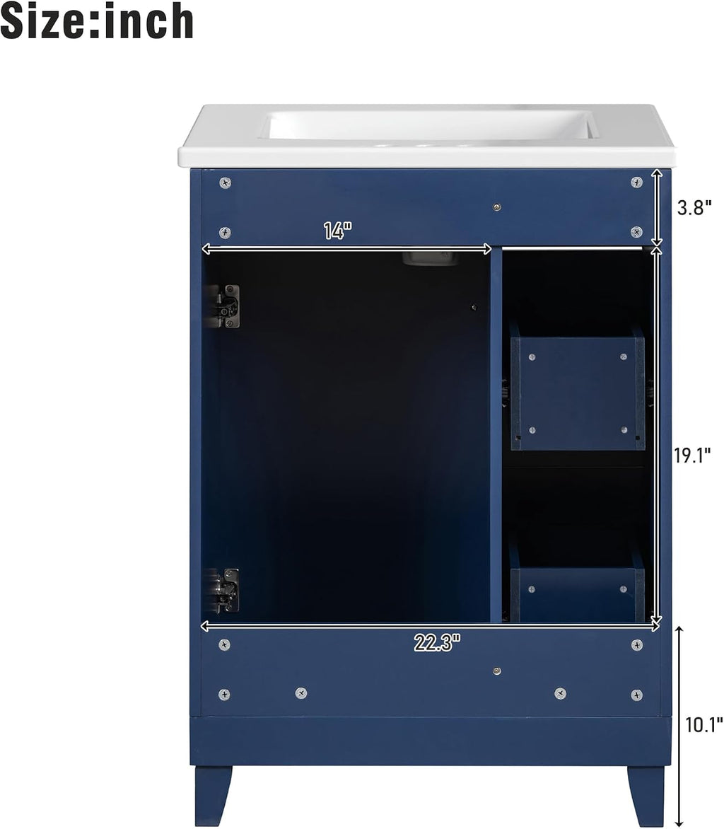 24-inch Bathroom Vanity with Sink Combo Set, Free-Standing Single Storage Cabinet with 2 Drawers and Single Door, Vanity with Ceramic Basin for Bathroom (Blue)