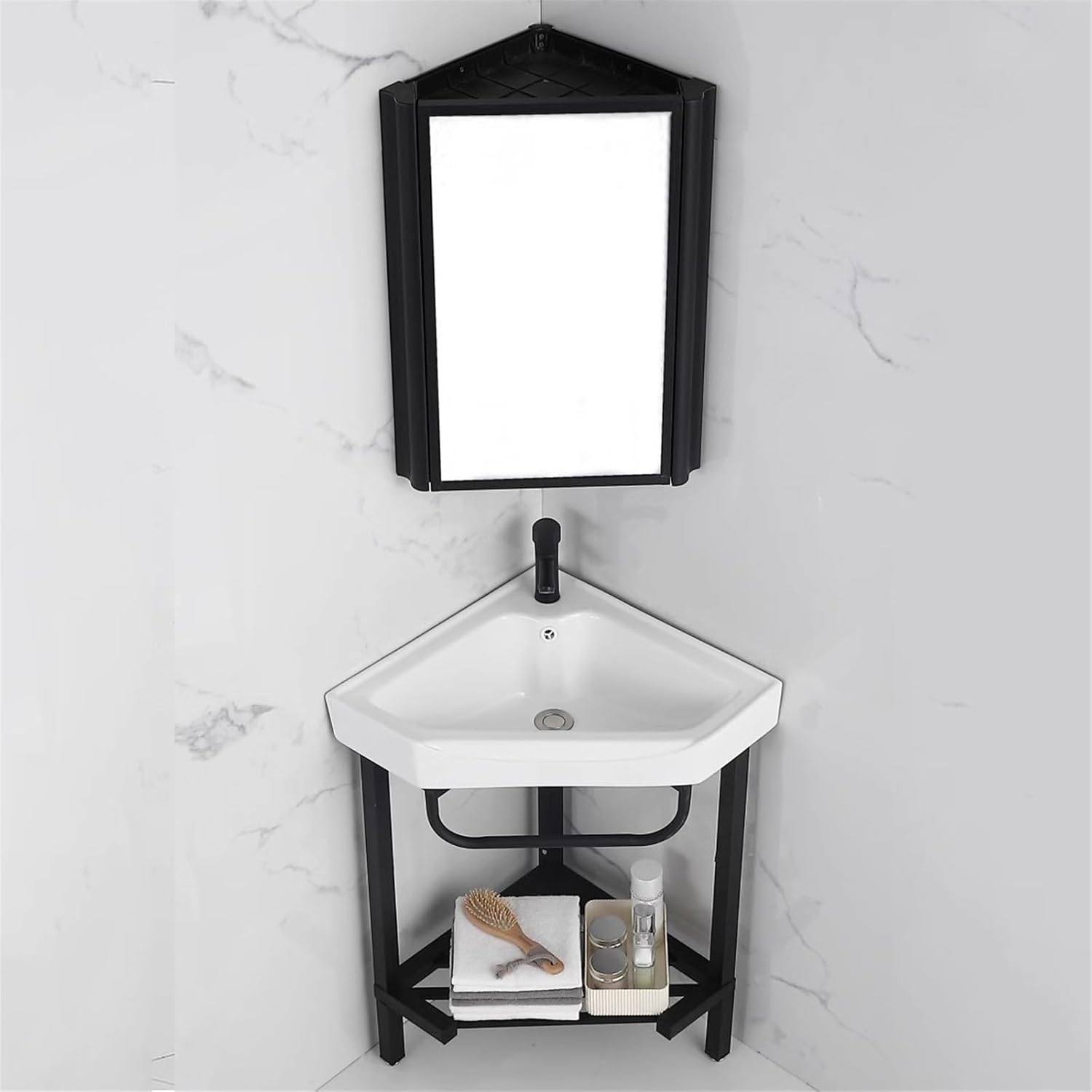 Wash Basin Sink Floor Standing Corner Bathroom Vanity Sink with Stainless Steel Storage Stand, Triangular Ceramic Basin Top Console Sink Freestanding Sink with Faucet & D(B 42CM)