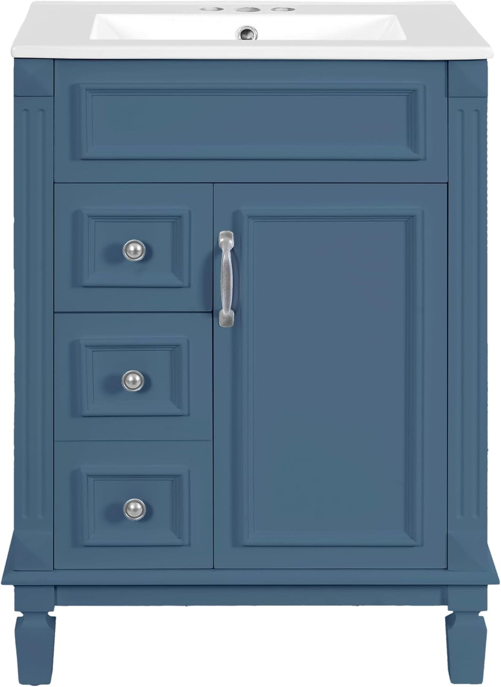 24 Inch Blue-Grey Bathroom Vanity with Sink,Modern Bathroom Vanity with 2 Left Hand Drawers & Adjustable Shelf,Soft Closing Doors & Silver Handles,Solid Wood Frame,French Embossed Front