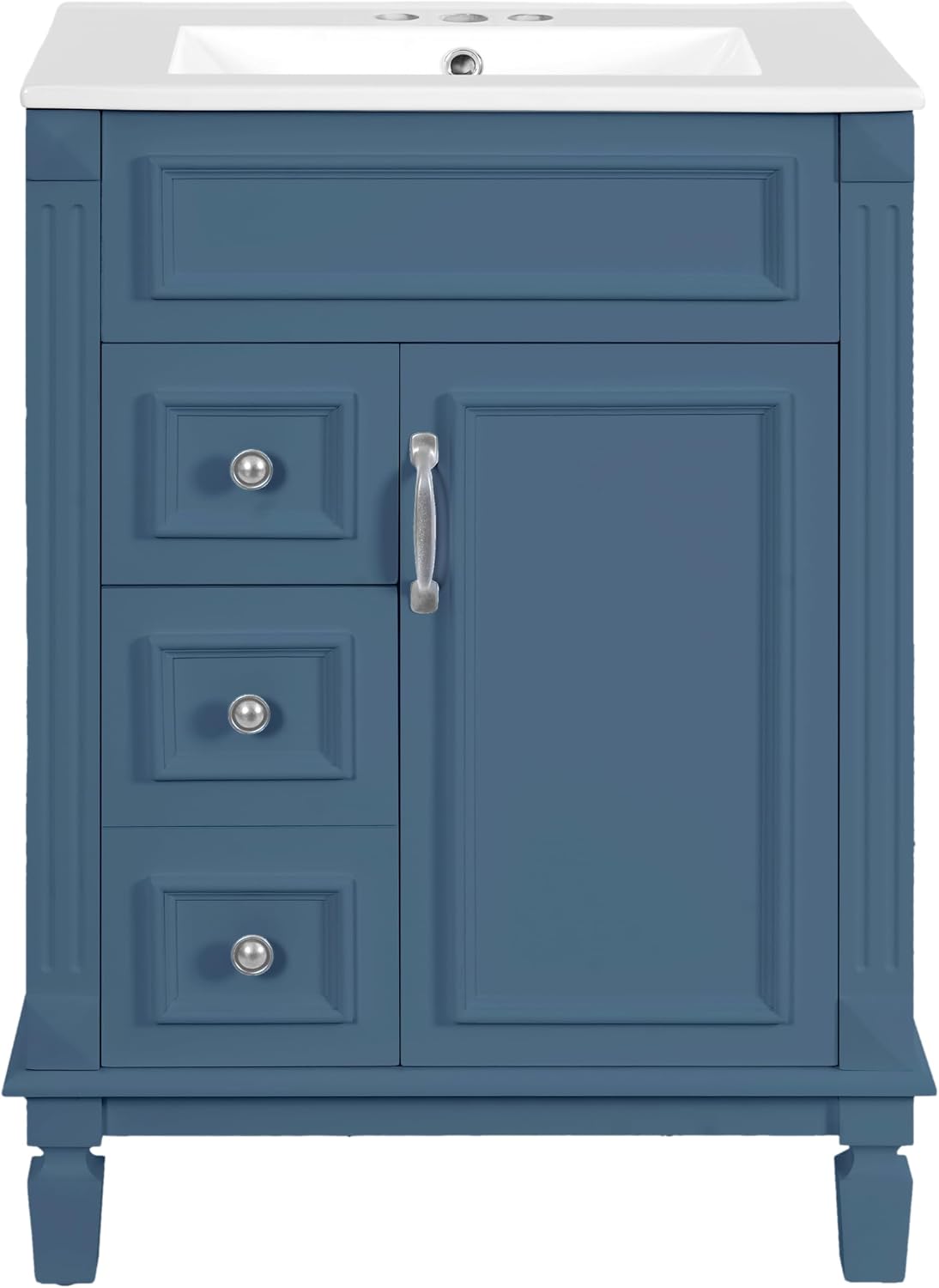 24 Inch Blue-Grey Bathroom Vanity with Sink,Modern Bathroom Vanity with 2 Left Hand Drawers & Adjustable Shelf,Soft Closing Doors & Silver Handles,Solid Wood Frame,French Embossed Front