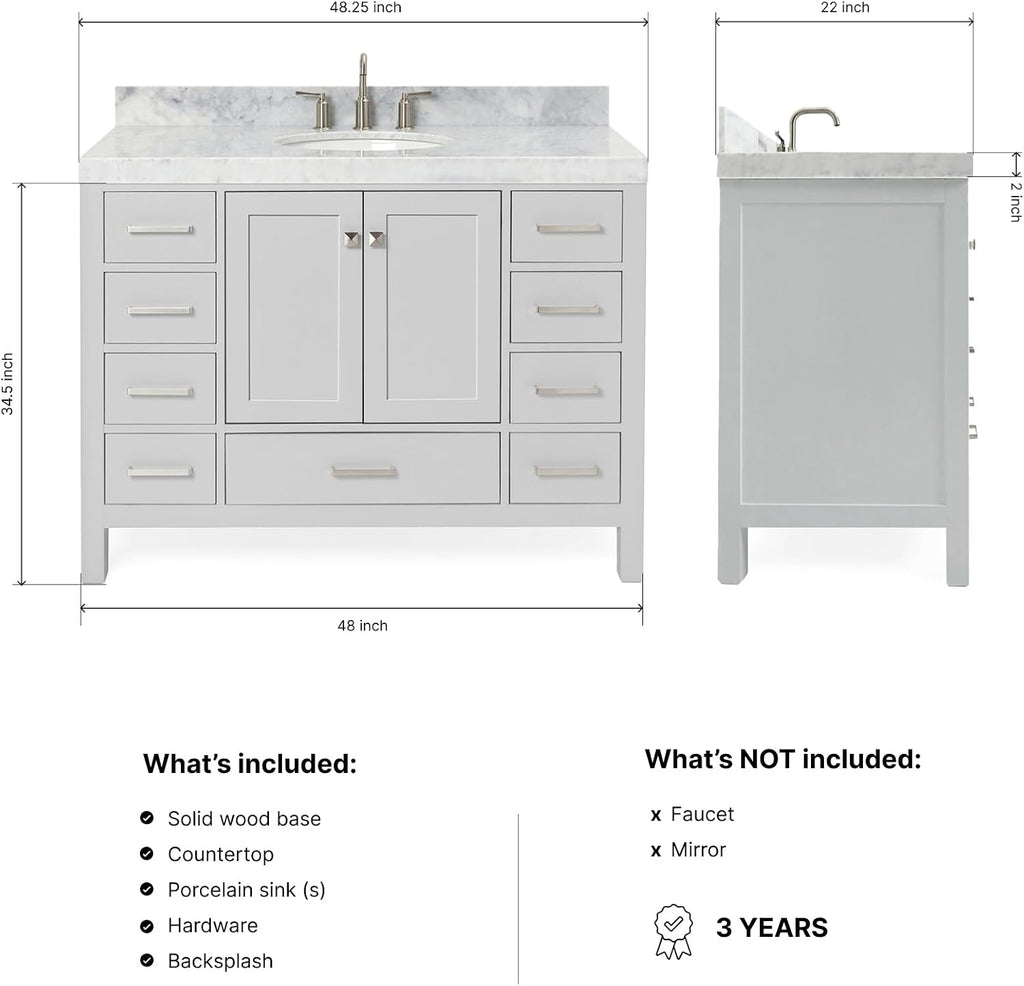 ARIEL Cambridge 48-inch Bathroom Vanity with Sink,Solid Wood, 2-inch Italian Carrara Marble Countertop & Backsplash, Single Oval Porcelain Sink, 2 Soft Closing Doors, 9 Dovetail Drawers, Grey