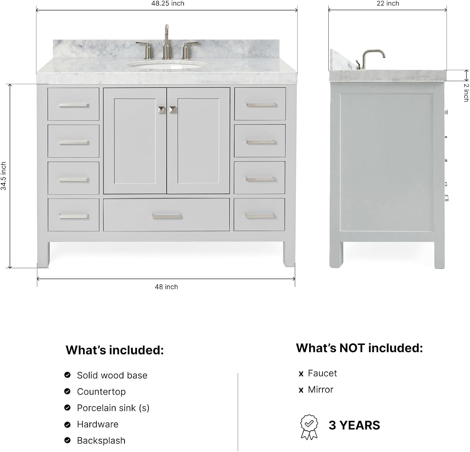 ARIEL Cambridge 48-inch Bathroom Vanity with Sink,Solid Wood, 2-inch Italian Carrara Marble Countertop & Backsplash, Single Oval Porcelain Sink, 2 Soft Closing Doors, 9 Dovetail Drawers, Grey