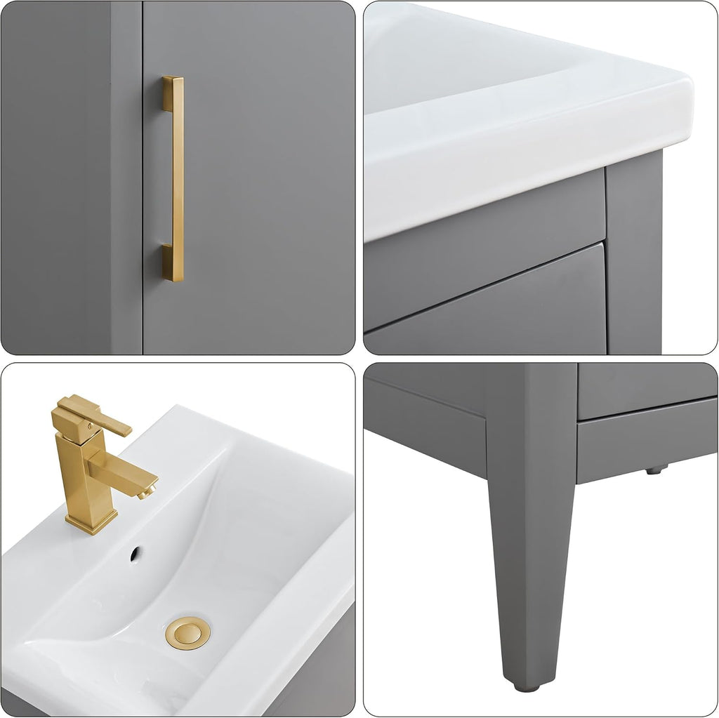 HOMEBEYOND 20 Inch Bathroom Vanities with Sink & Ceramic Top, Single Vanity Cabinet with Basin, Solid Wood Frame, Soft-Closing Doors & Golden Brushed Hardware, Grey
