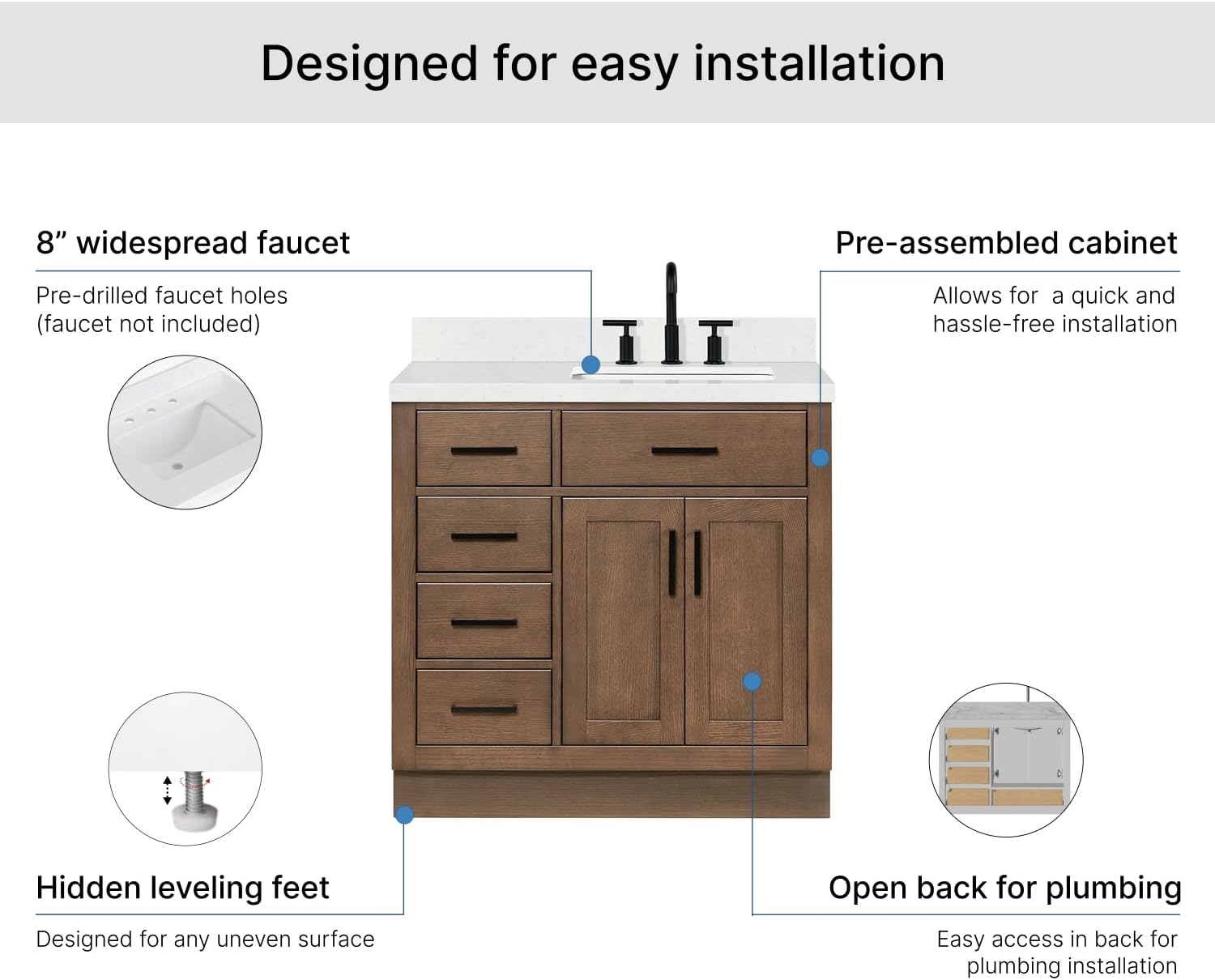 ARIEL Hepburn 36-inch Bathroom Vanity with Sink,Solid Wood, 1.5-inch Carrara White Quartz Countertop, Single Rectangular Porcelain Sink, 2 Soft Closing Doors, 5 Dovetail Drawers, Brown Oak