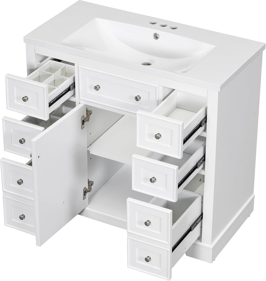 Bellemave 36' Bathroom Vanity with Basin Sink, Single Vanity Set, Vanity and Basin Sink Combo with One Cabinet and Six Drawers for Bathroom, No Mirror (White)