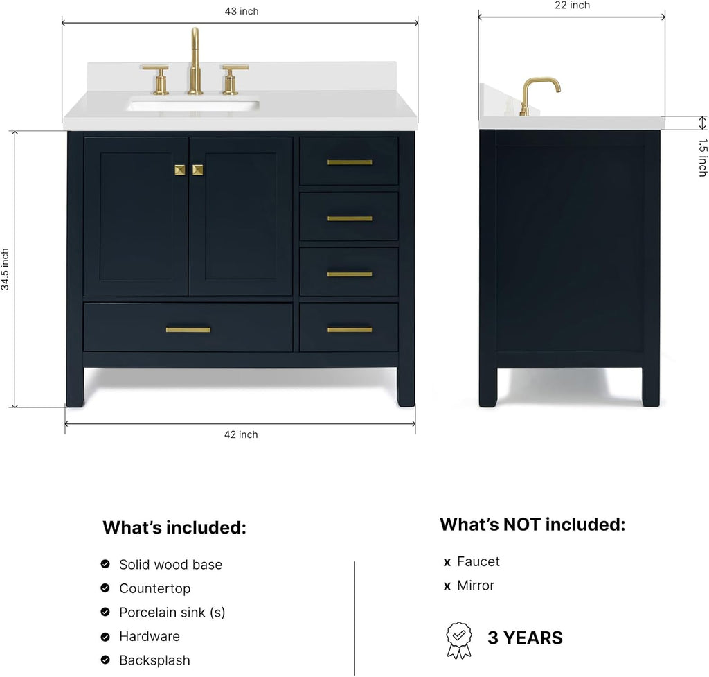 DKB Beckford 42-Inch Midnight Blue Bathroom Vanity, 1.5' Pure White Quartz Countertop & Backsplash, Left Rectangular Undermount Sink, 2 Soft Closing Doors, 5 Dovetail Drawers, Matte Black Hardware