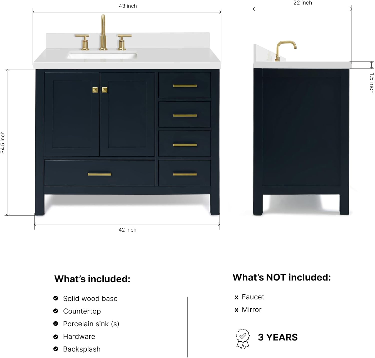 DKB Beckford 42-Inch Midnight Blue Bathroom Vanity, 1.5' Pure White Quartz Countertop & Backsplash, Left Rectangular Undermount Sink, 2 Soft Closing Doors, 5 Dovetail Drawers, Matte Black Hardware