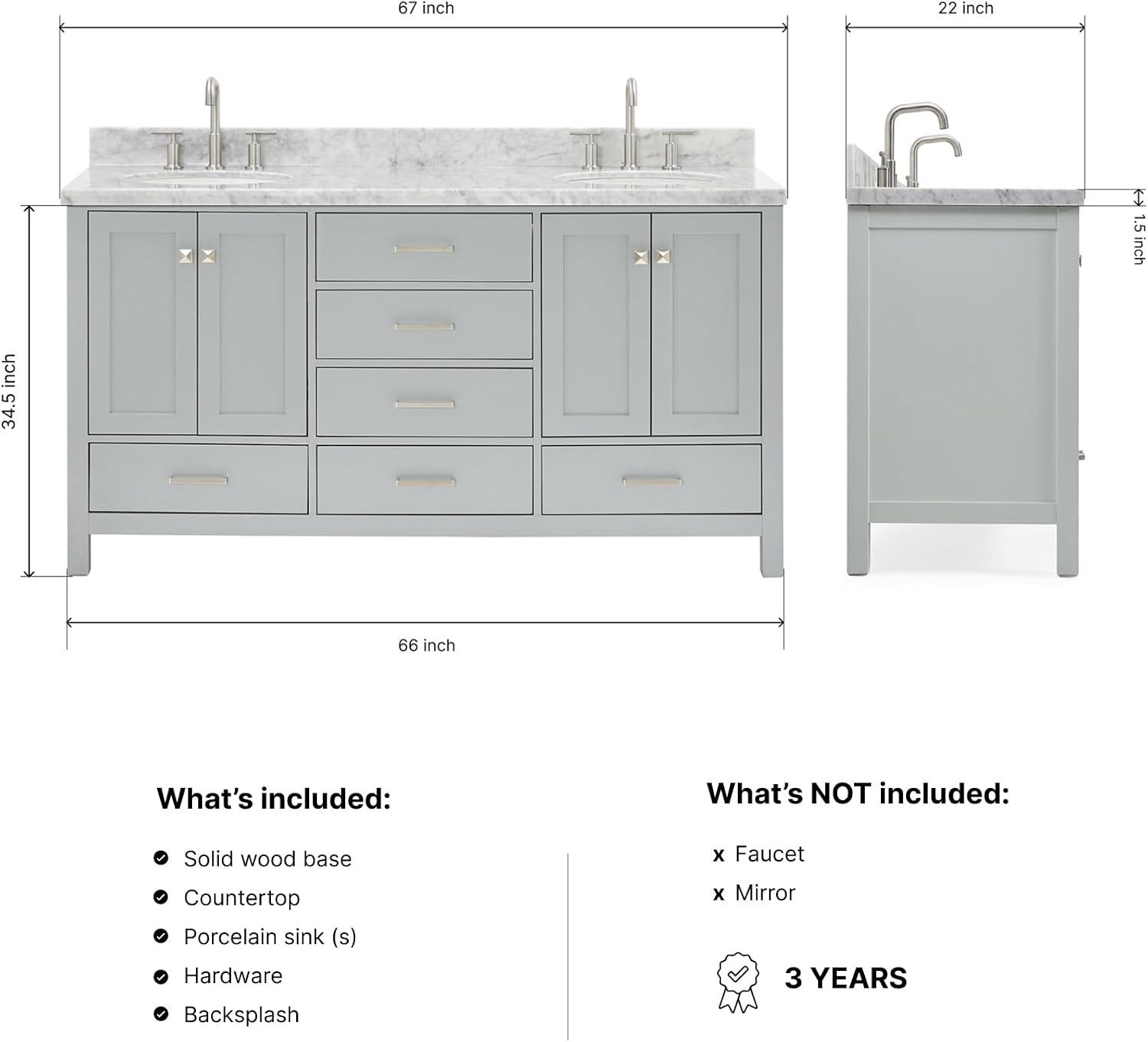ARIEL Cambridge 66-inch Bathroom Vanity with Sink,Solid Wood, 1.5-inch Italian Carrara Marble Countertop & Backsplash, Double Oval Porcelain Sink, 4 Soft Closing Doors, 6 Dovetail Drawers, Grey
