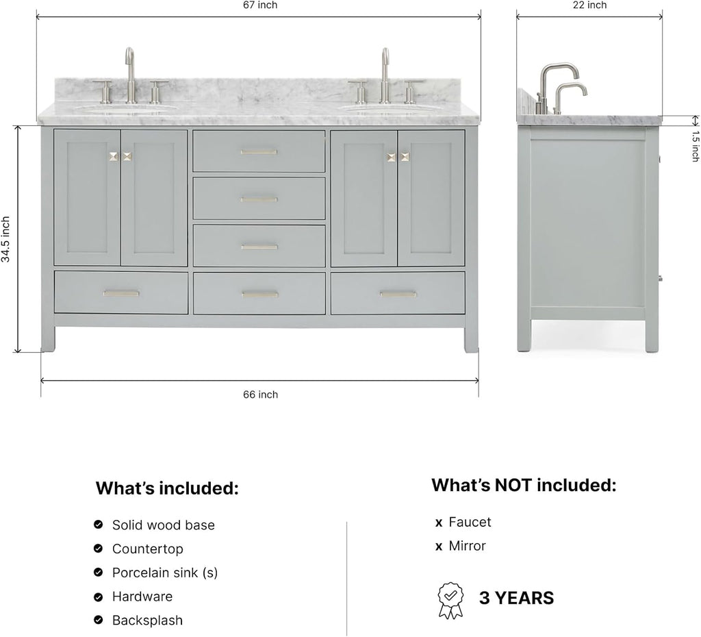 DKB Beckford 66-Inch Grey Double Bathroom Vanity, 1.5-Inch Italian Carrara Marble Countertop & Backsplash, 2 Oval Sinks, 4 Soft Closing Shaker Doors, 6 Dovetail Drawers, Brushed Nickel