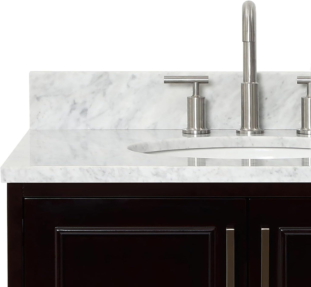 ARIEL Stafford 30-inch Bathroom Vanity with Sink,Solid Wood, 0.75-inch Italian Carrara Marble Countertop & Backsplash, Single Oval Porcelain Sink, 2 Soft Closing Doors, 1 Dovetail Drawers, Espresso