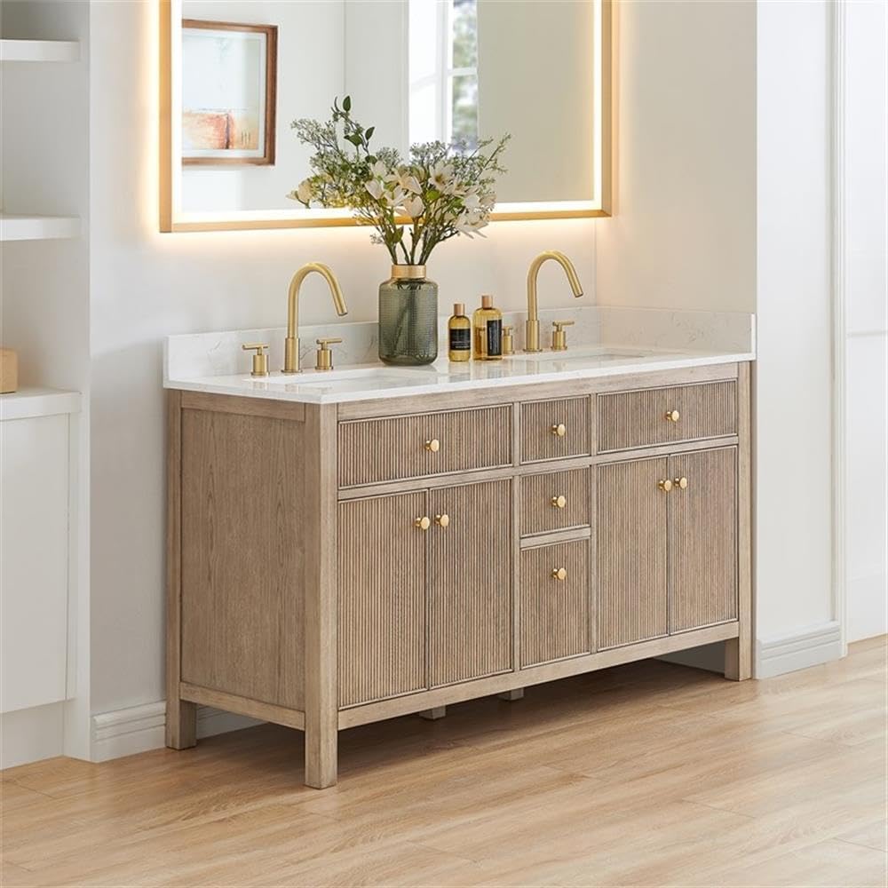 Pemberly Row 60' Wood Bathroom Vanity, Natural Oak Finish, Grain White Engineered Stone Top, No Mirror, 4 Fluted Doors, 5 Drawers, Contemporary Style, Undermount Sink, Ideal for Bathroom Storage