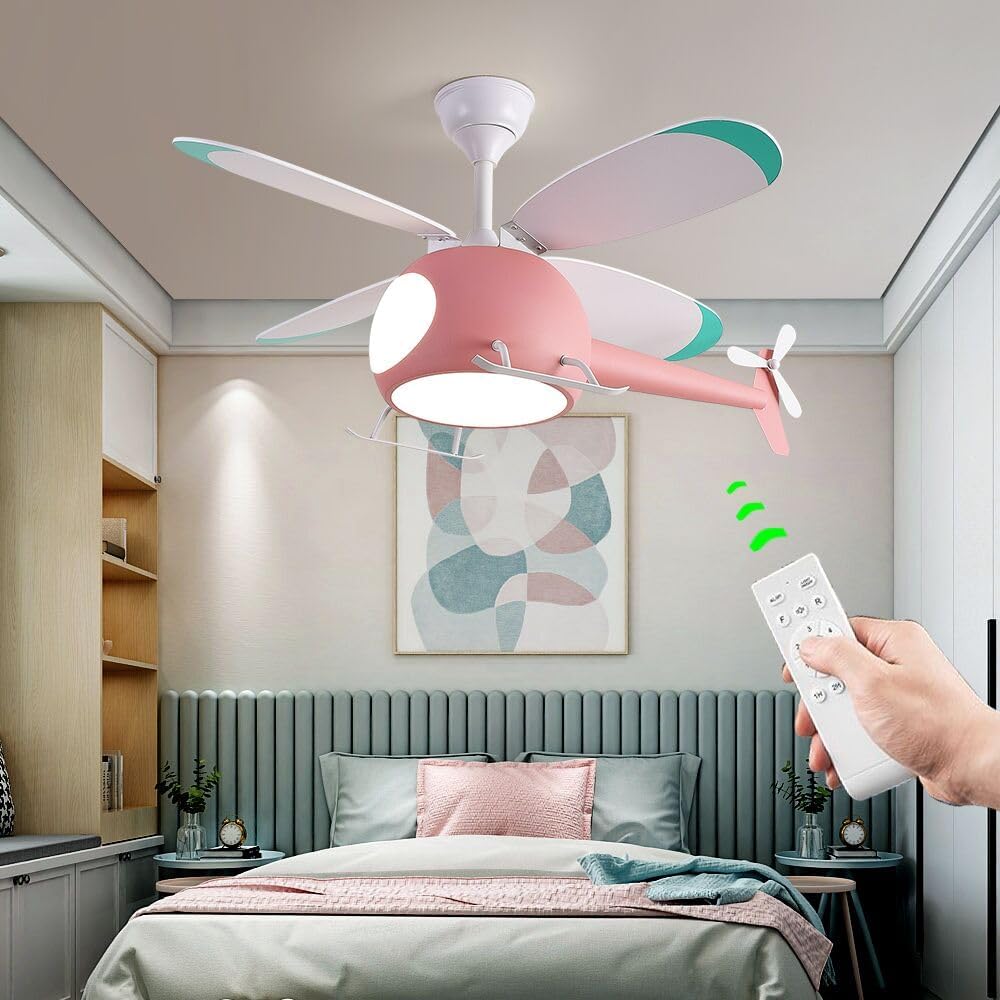 Kids Room Ceiling Fan with lights,Remote control speed,Dimmable Children's Bedroom Cartoon Ceiling Fan Lamp,Helicopter Model&Teddy Bear Model Options Pink