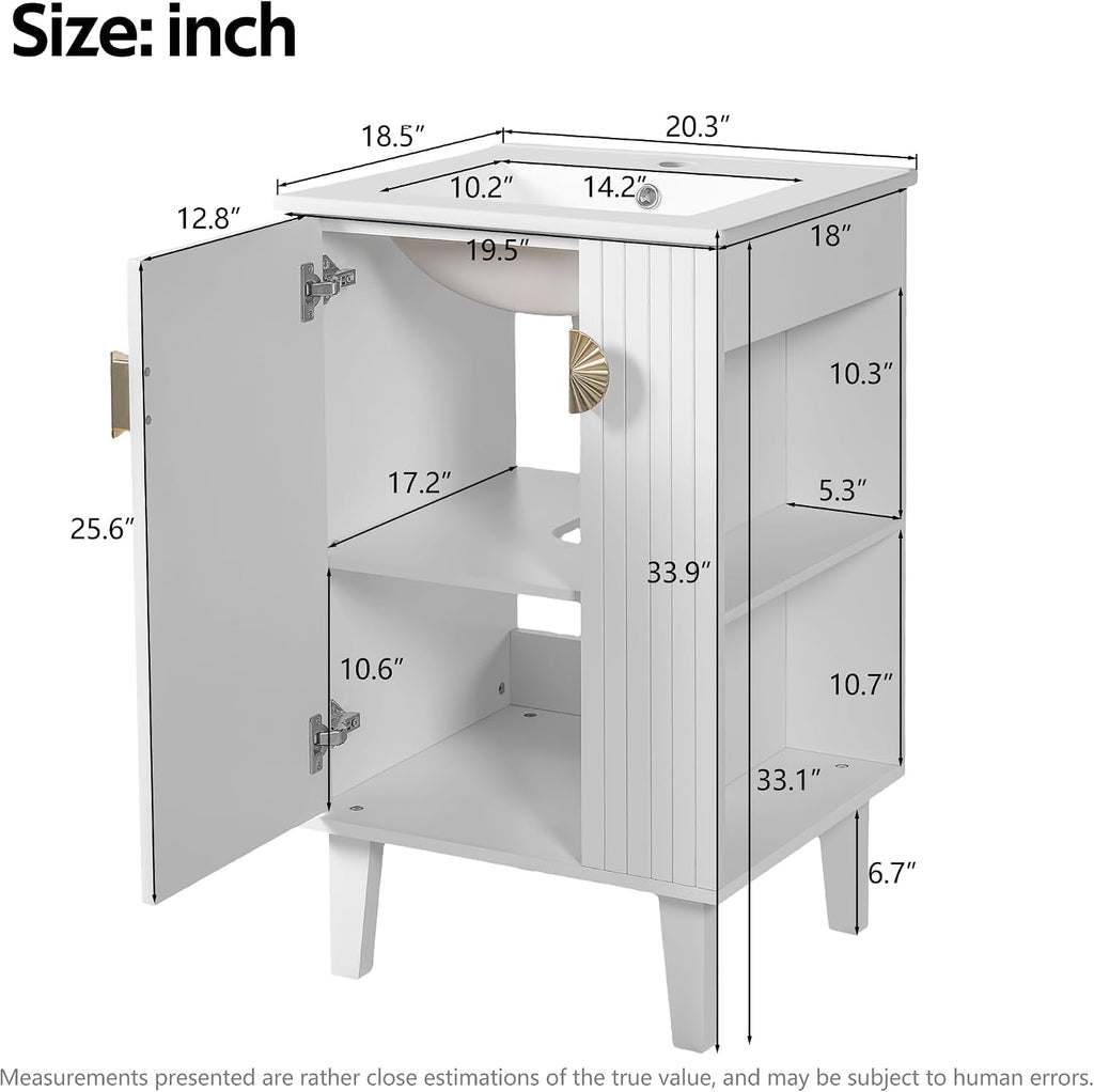 VilroCaz Modern 20'' Bathroom Vanity with Top Ceramic Sink, Freestanding Single Vanity Set Bathroom Storage Cabinet with Soft Closing Door, Chic Half-Moon Pulls (White-10.16)