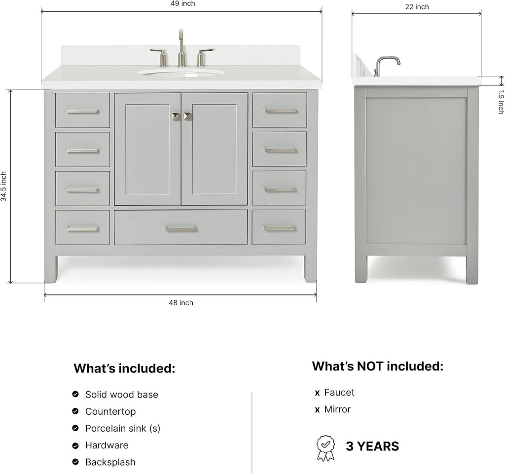 ARIEL Cambridge 48-inch Bathroom Vanity with Sink,Solid Wood, 1.5-inch Pure White Quartz Countertop & Backsplash, Single Oval Porcelain Sink, 2 Soft Closing Doors, 9 Dovetail Drawers, Grey