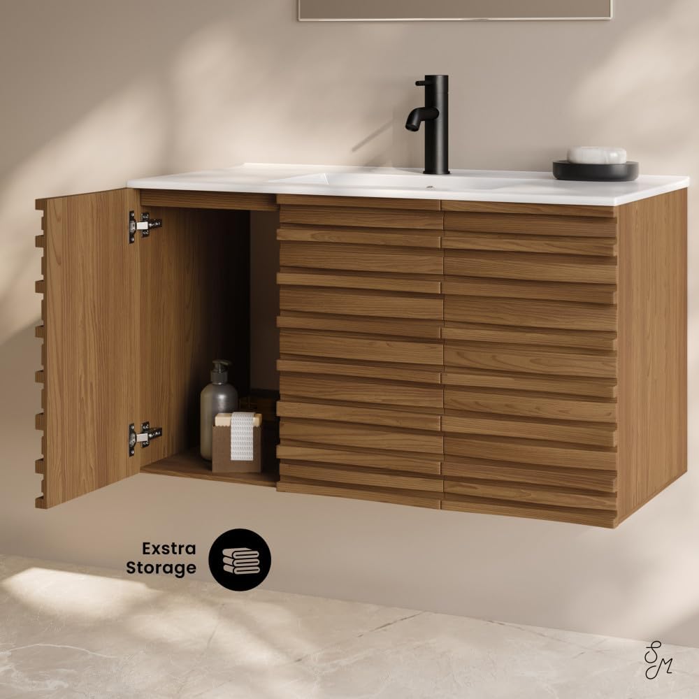 Swiss Madison Cascade 36' Wall-Mounted Bathroom Vanity in Brown Oak with Sink Top