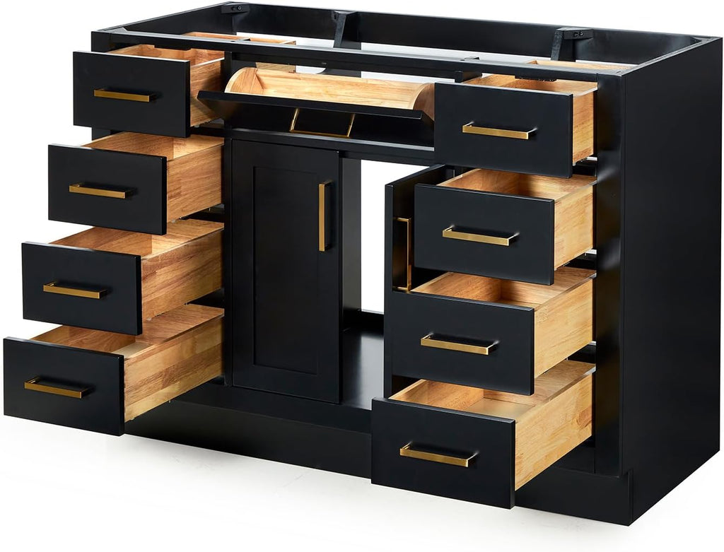 ARIEL Hepburn 48-inch Bathroom Vanity Base Cabinet,Solid Wood, 2 Soft Closing Doors, 9 Dovetail Drawers, Black