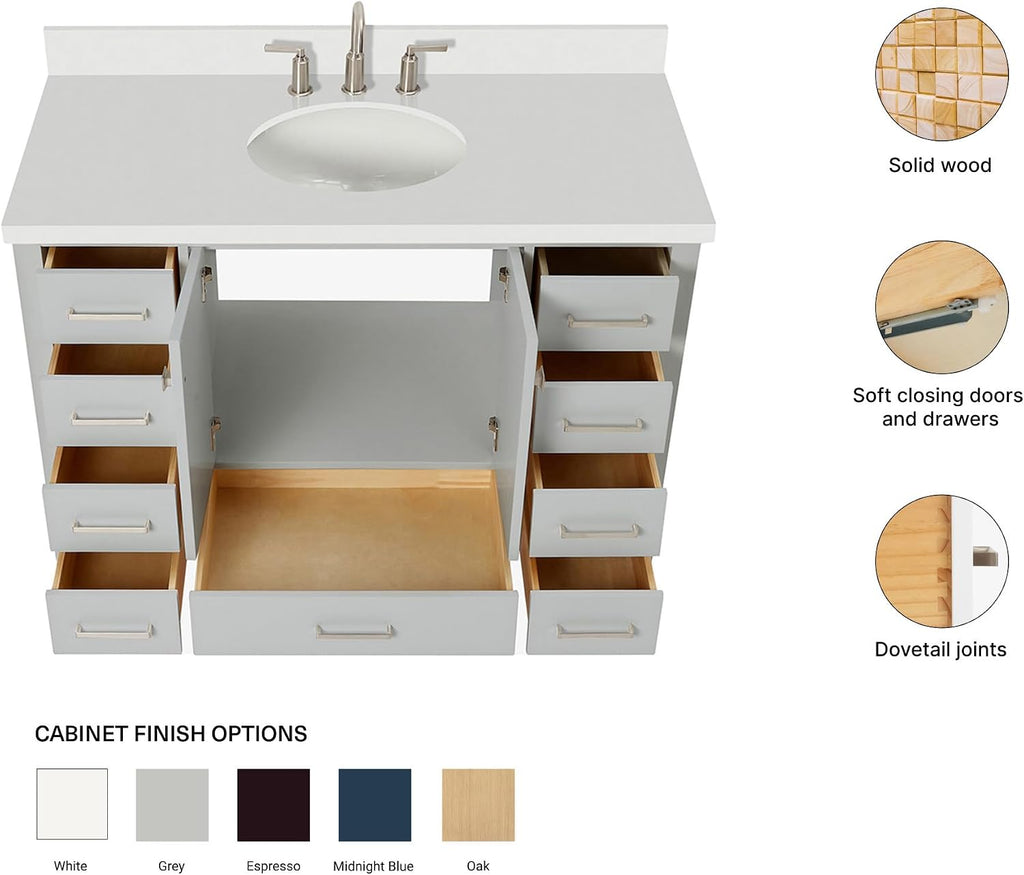 ARIEL Cambridge 48-inch Bathroom Vanity with Sink,Solid Wood, 1.5-inch Pure White Quartz Countertop & Backsplash, Single Oval Porcelain Sink, 2 Soft Closing Doors, 9 Dovetail Drawers, Grey