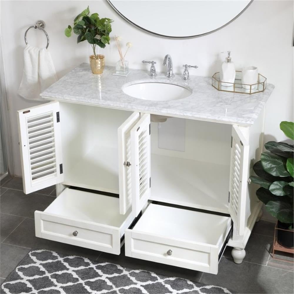 Pemberly Row 48' Bathroom Vanity, Antique White Finish, Solid Wood Base with Carrara Marble Top, Porcelain Undermount Sink, 4 Cabinet Doors and 2 Soft-Close Drawers, Free-Standing for Bathroom Use