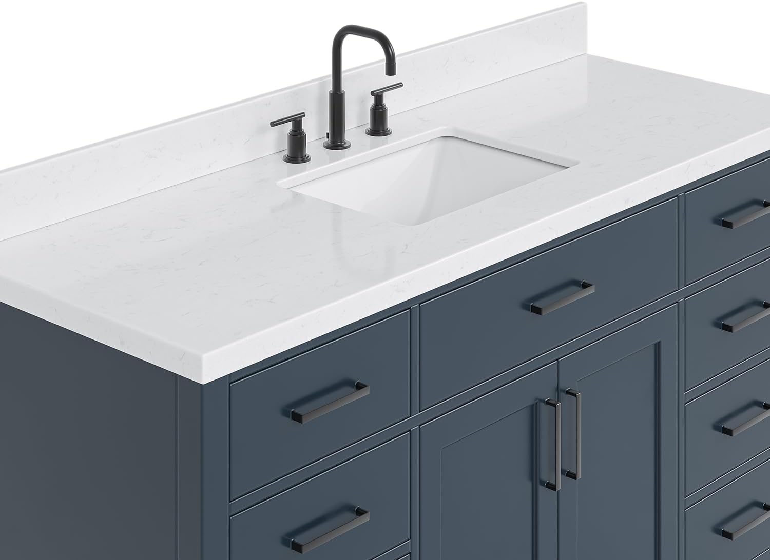 ARIEL Hepburn 48-inch Bathroom Vanity with Sink,Solid Wood, 1.5-inch Carrara White Quartz Countertop, Single Rectangular Porcelain Sink, 2 Soft Closing Doors, 9 Dovetail Drawers, Midnight Blue