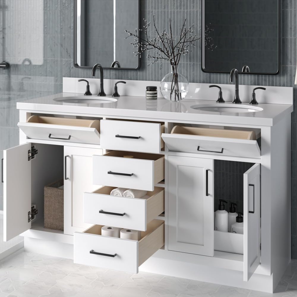 ARIEL Hepburn 60-inch Bathroom Vanity with Sink,Solid Wood, 1.5-inch Carrara White Quartz Countertop & Backsplash, Double Oval Porcelain Sink, 4 Soft Closing Doors, 6 Dovetail Drawers, White