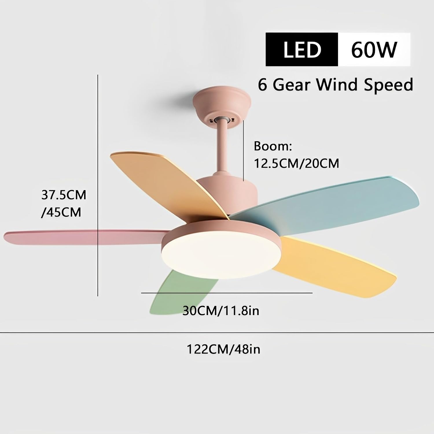 Kids Quiet Ceiling Fan with Light 48in Colorful Remote Fan Ceiling with Light Girls Boys Room Bedroom Mute Pink Ceiling Fans 6 Gear Wind Speeds 60W LED Ceiling Light Fan Lighting