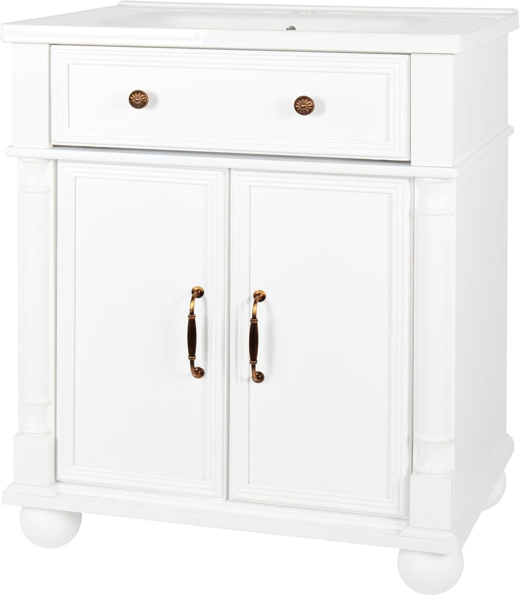 28 inch Bathroom Vanity with Sink, Modern Freestanding Bathroom Vanity Cabinet with Ceramic Sink, Flip Top Drawer, 2 Soft Closing Doors, Adjustable Shelf, Metal Handles, Round Column Base, White