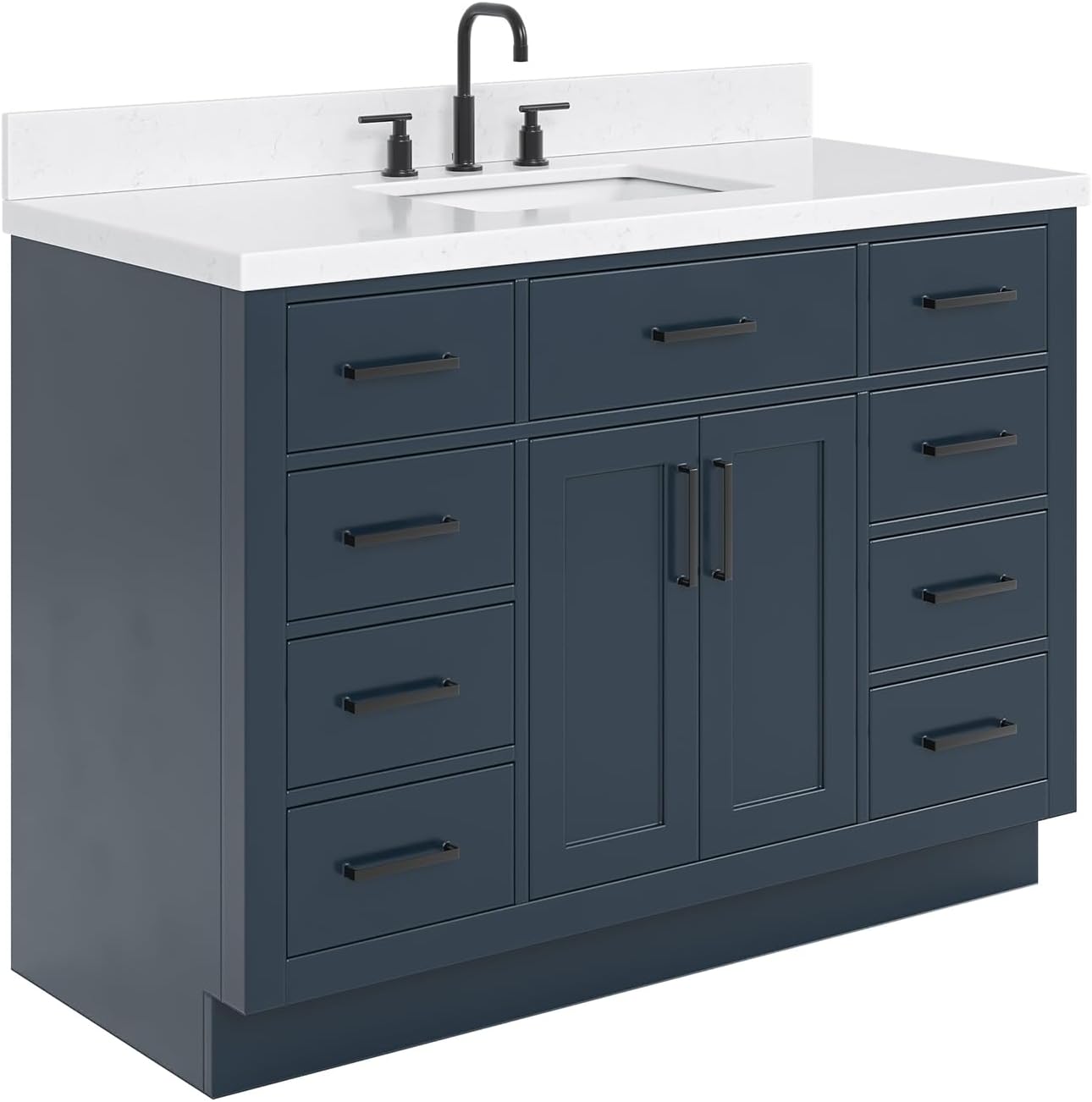ARIEL Hepburn 48-inch Bathroom Vanity with Sink,Solid Wood, 1.5-inch Carrara White Quartz Countertop, Single Rectangular Porcelain Sink, 2 Soft Closing Doors, 9 Dovetail Drawers, Midnight Blue