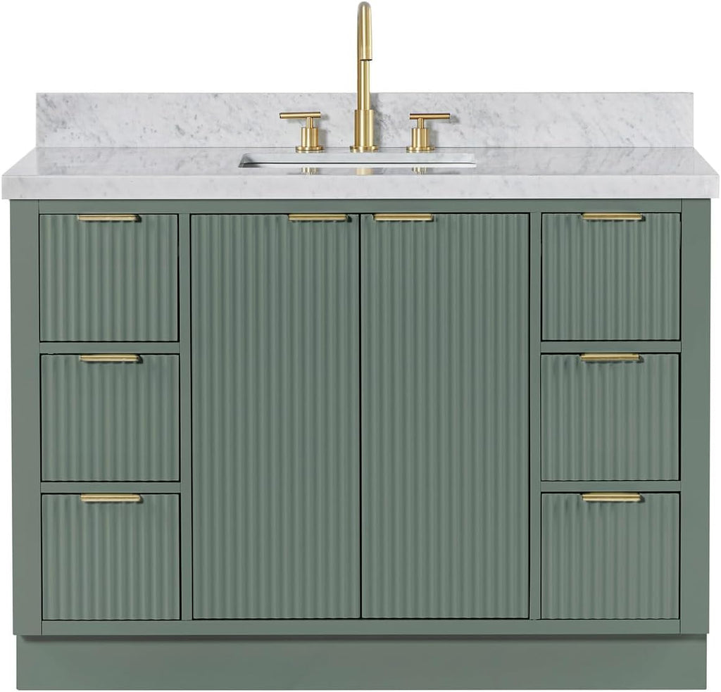 ARIEL Milan 48-inch Bathroom Vanity with Sink,Solid Wood, 1.5-inch Italian Carrara Marble Countertop, Single Rectangular Porcelain Sink, Soft Closing Doors, Dovetail Drawers, Vintage Green