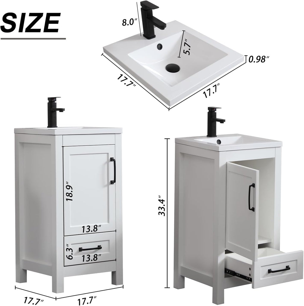 LUCKWIND 18' Bathroom Vanity and Sink Combos, Modern Bathroom Storage Painted Cabinet with Undercounter Ceramic Single Sink Top, Matte Black Faucet and Drawer, Mirror Not Included, White