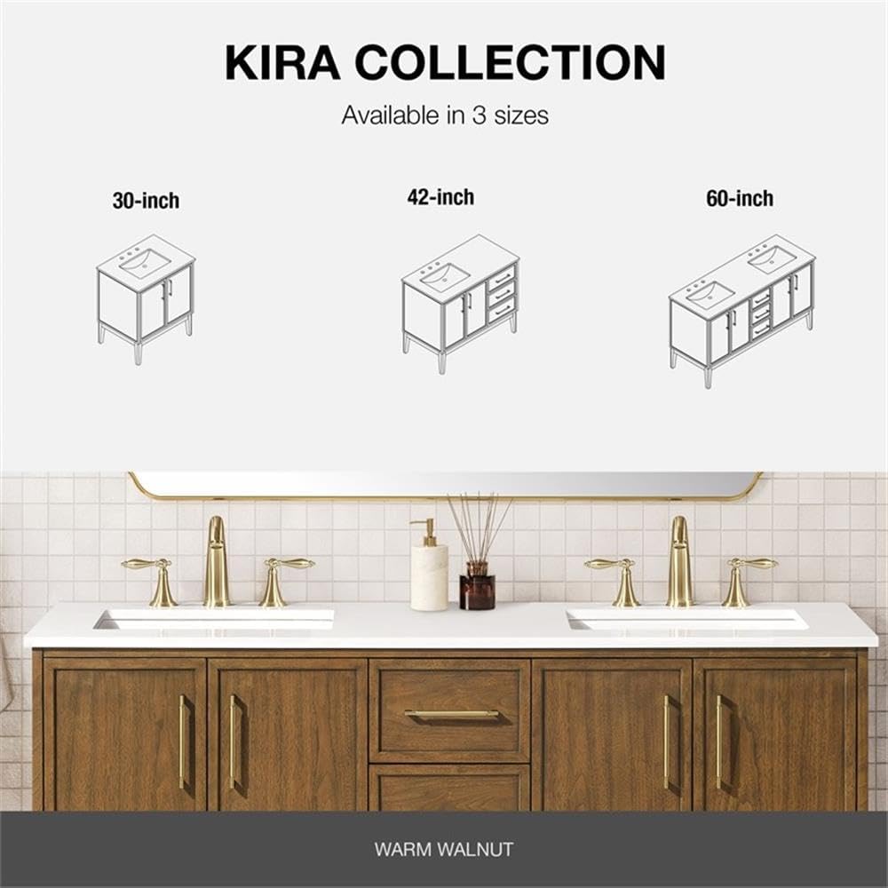 Pemberly Row 30' Bathroom Vanity, Warm Walnut Finish, White Engineered Stone Countertop with Rectangular Undermount Sink, Adjustable Shelf, Soft-Close Doors, Small Bathrooms or Powder Rooms