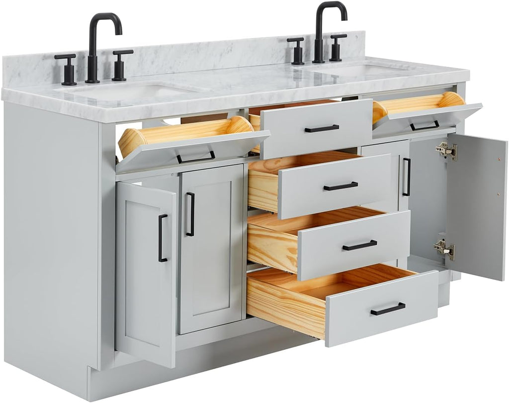 ARIEL Hepburn 66-inch Bathroom Vanity with Sink,Solid Wood, 1.5-inch Italian Carrara Marble Countertop, Double Rectangular Porcelain Sink, 4 Soft Closing Doors, 6 Dovetail Drawers, Grey