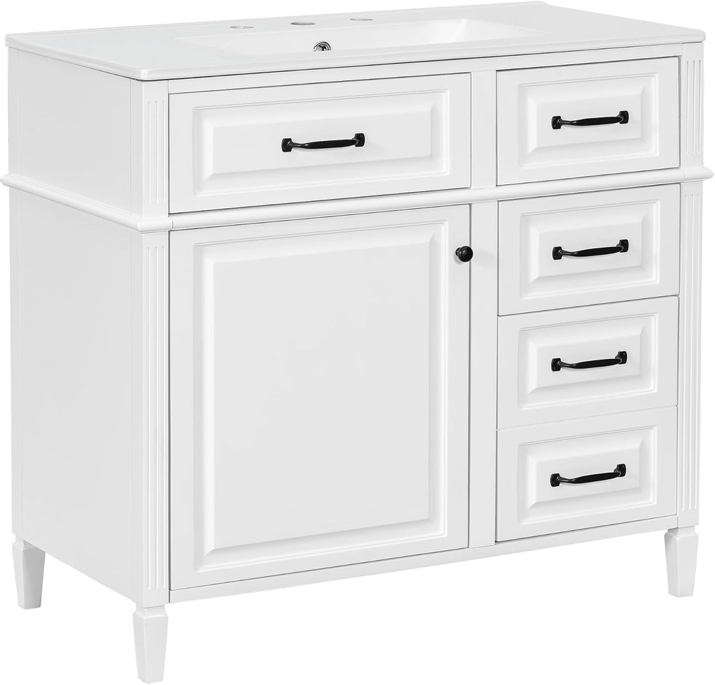 36' Bathroom Vanities Cabinet with Ceramic Sink Top, Tip-Out Drawers and Door Shelf, Soft-Closing Door, Solid Wood Legs, White
