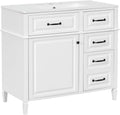 36' Bathroom Vanities Cabinet with Ceramic Sink Top, Tip-Out Drawers and Door Shelf, Soft-Closing Door, Solid Wood Legs, White