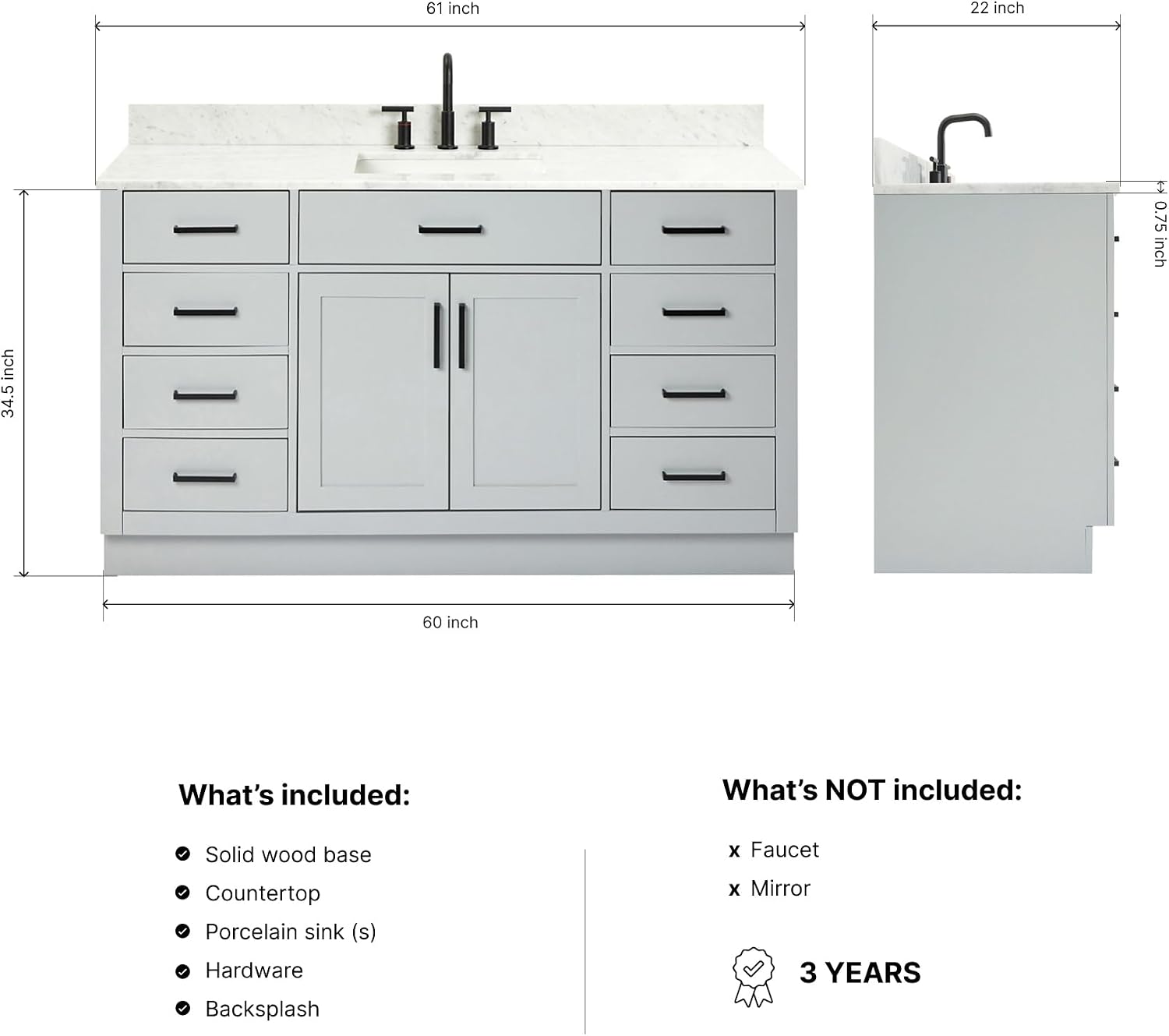 ARIEL Hepburn 60-inch Bathroom Vanity with Sink,Solid Wood, 0.75-inch Italian Carrara Marble Countertop, Single Rectangular Porcelain Sink, 2 Soft Closing Doors, 9 Dovetail Drawers, Grey