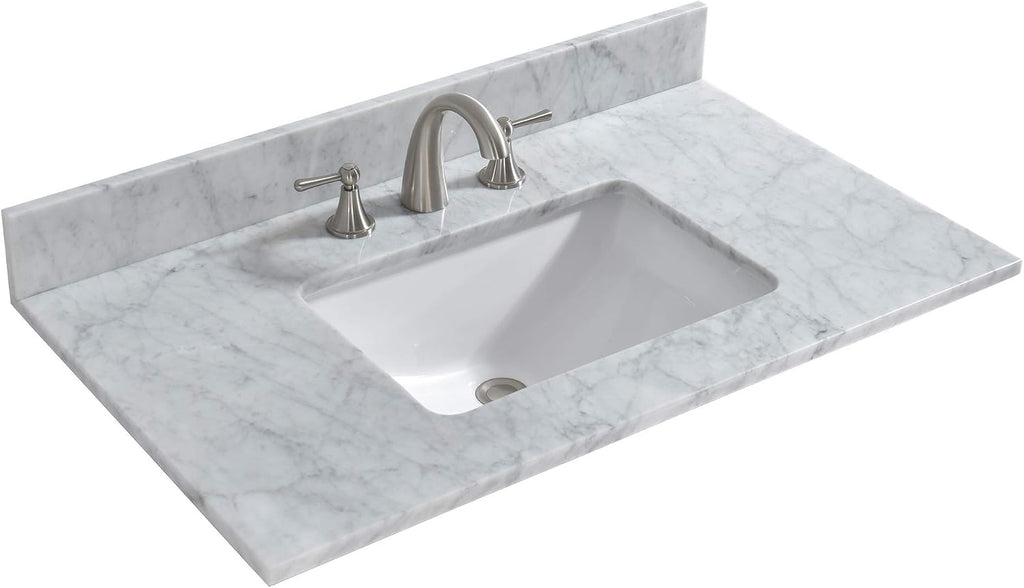 WOODBRIDGE 37' x22' Vanity Top with Single Under Mount Rectangle Bowl, Carrara White Marble, Pre-drilled with 3-hole for 8-inch Widespread Faucet set up Option, CAVT3722-8