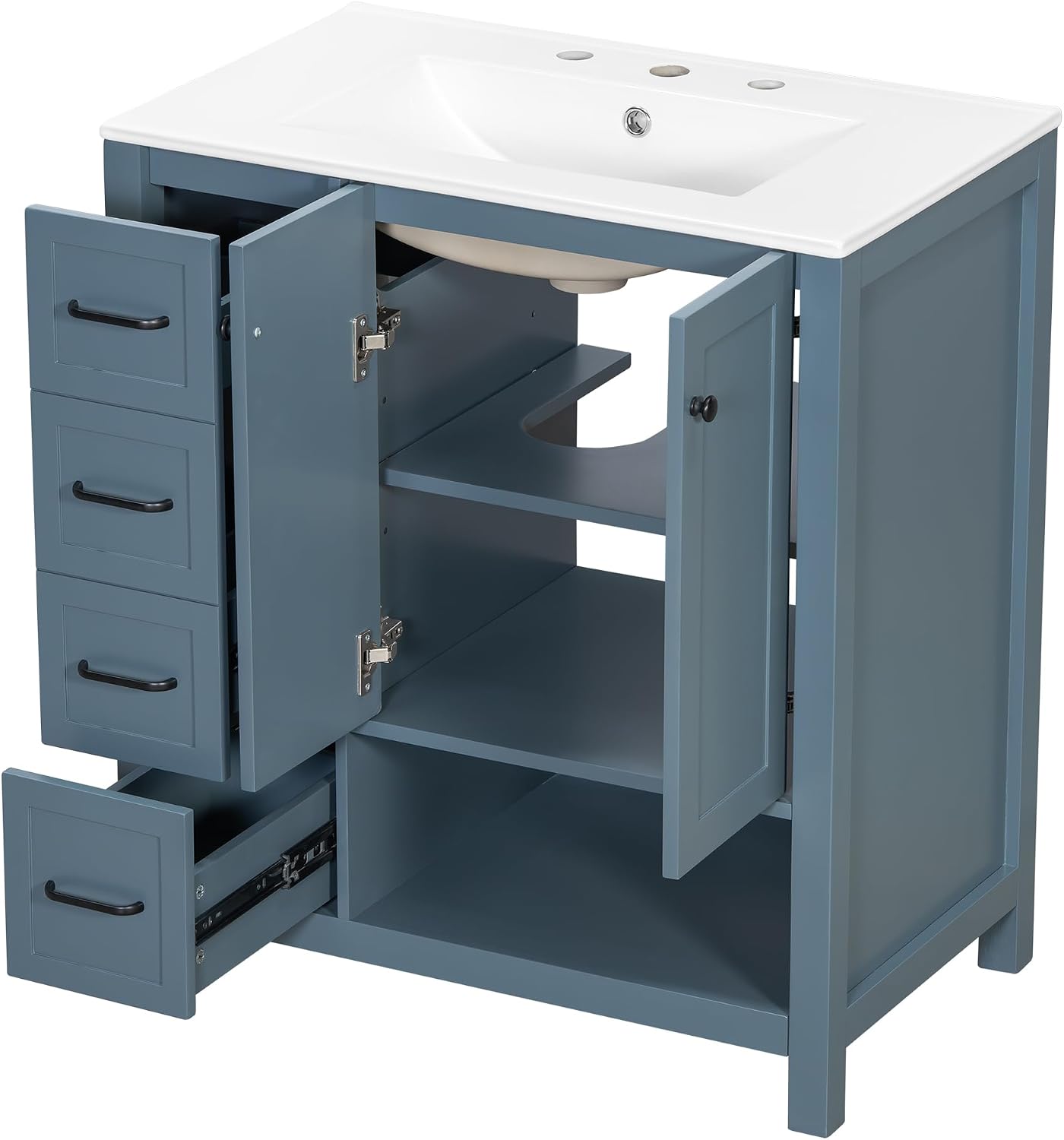LUMISOL 30 Inch Bathroom Vanity with Ceramic Sink, Solid Wood Bathroom Vanity with 2 Drawers, Soft-Close Doors & Open Shelf, Freestanding Bathroom Storage Cabinet with Sink, Blue