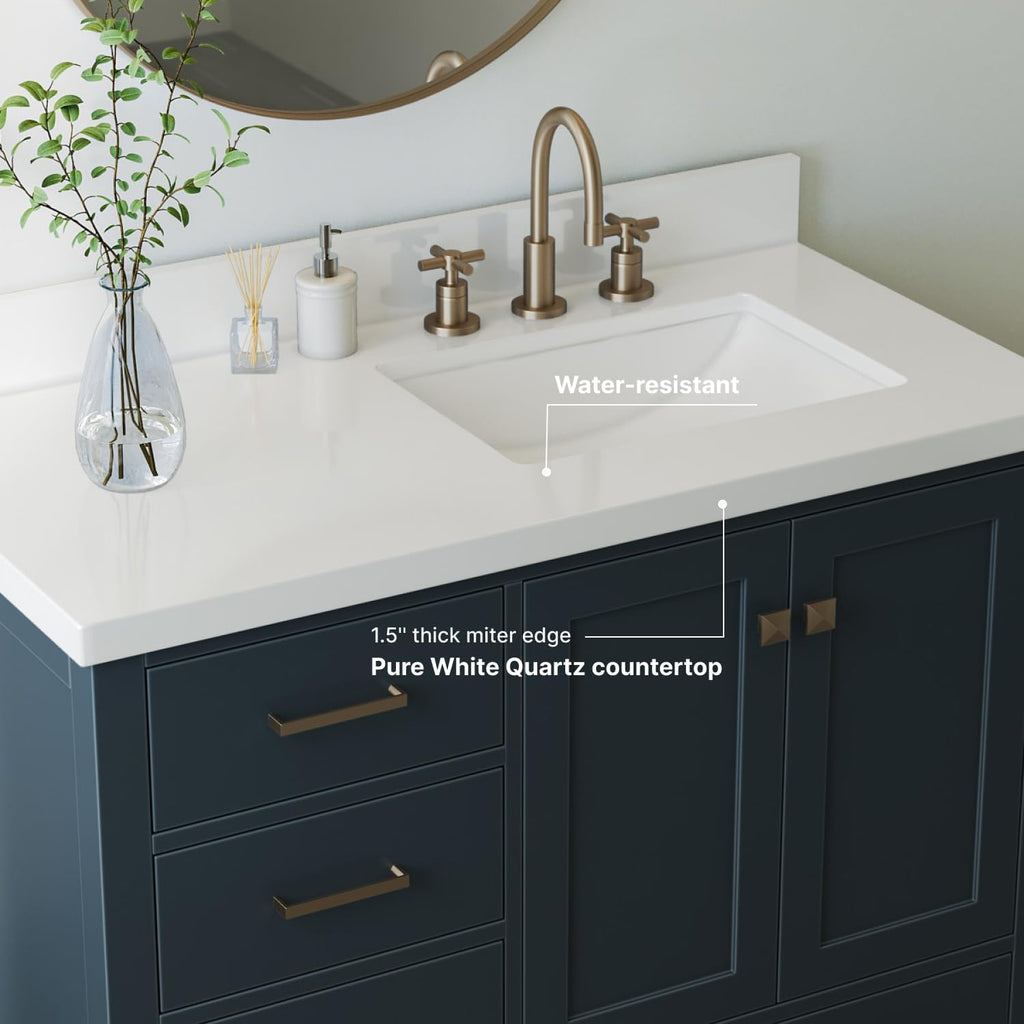 ARIEL Cambridge 42-inch Bathroom Vanity with Sink,Solid Wood, 1.5-inch Pure White Quartz Countertop, Single Rectangular Porcelain Sink, 2 Soft Closing Doors, 5 Dovetail Drawers, Midnight Blue