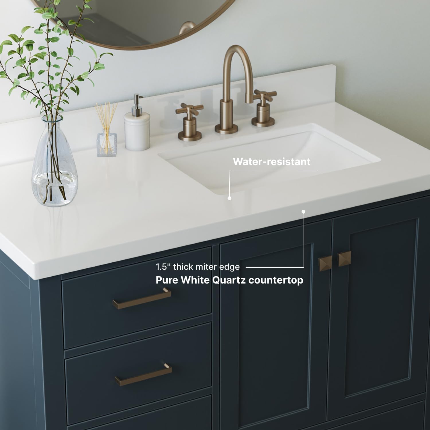 ARIEL Cambridge 42-inch Bathroom Vanity with Sink,Solid Wood, 1.5-inch Pure White Quartz Countertop, Single Rectangular Porcelain Sink, 2 Soft Closing Doors, 5 Dovetail Drawers, Midnight Blue