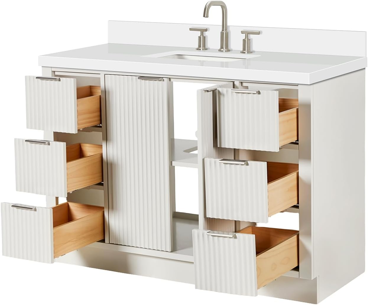 ARIEL Milan 48-inch Bathroom Vanity with Sink,Solid Wood, 1.5-inch Pure White Quartz Countertop & Backsplash, Single Rectangular Porcelain Sink, 2 Soft Closing Doors, 6 Dovetail Drawers, Warm White