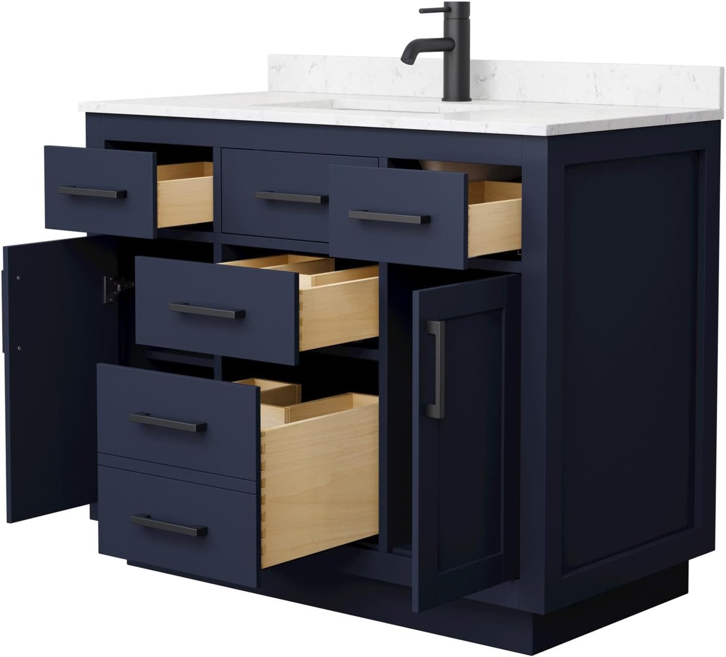 Wyndham Collection Beckett 42 Inch Single Bathroom Vanity with Toe Kick in Dark Blue, Carrara Cultured Marble Countertop, Undermount Square Sink, Matte Black Trim