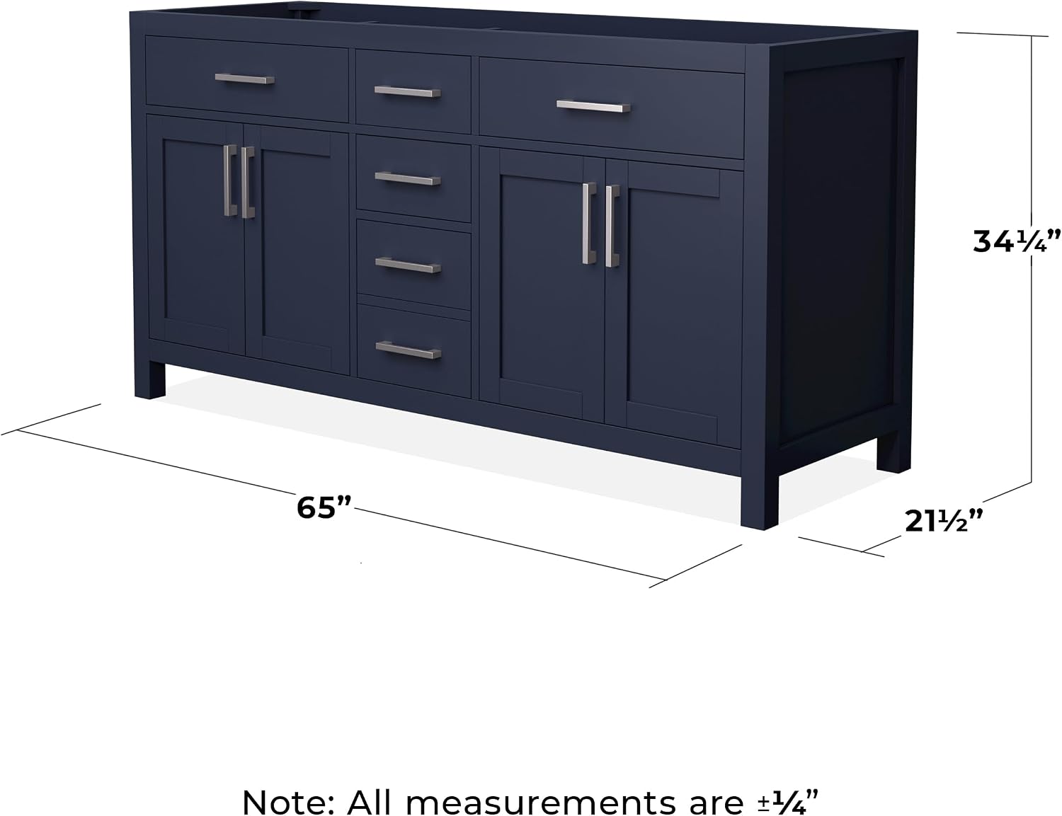 Wyndham Collection Beckett 66 Inch Double Bathroom Vanity in Dark Blue, No Countertop, No Sinks, Brushed Nickel Trim