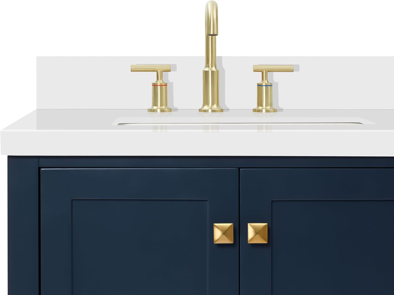DKB Beckford 42-Inch Midnight Blue Bathroom Vanity, 1.5' Pure White Quartz Countertop & Backsplash, Left Rectangular Undermount Sink, 2 Soft Closing Doors, 5 Dovetail Drawers, Matte Black Hardware