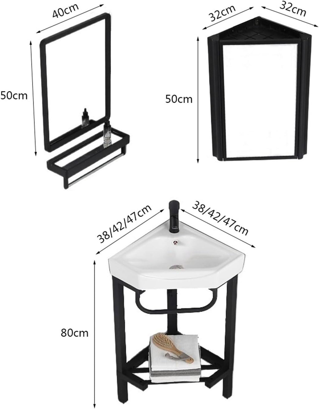 Wash Basin Sink Floor Standing Corner Bathroom Vanity Sink with Stainless Steel Storage Stand, Triangular Ceramic Basin Top Console Sink Freestanding Sink with Faucet & D(C 42CM)