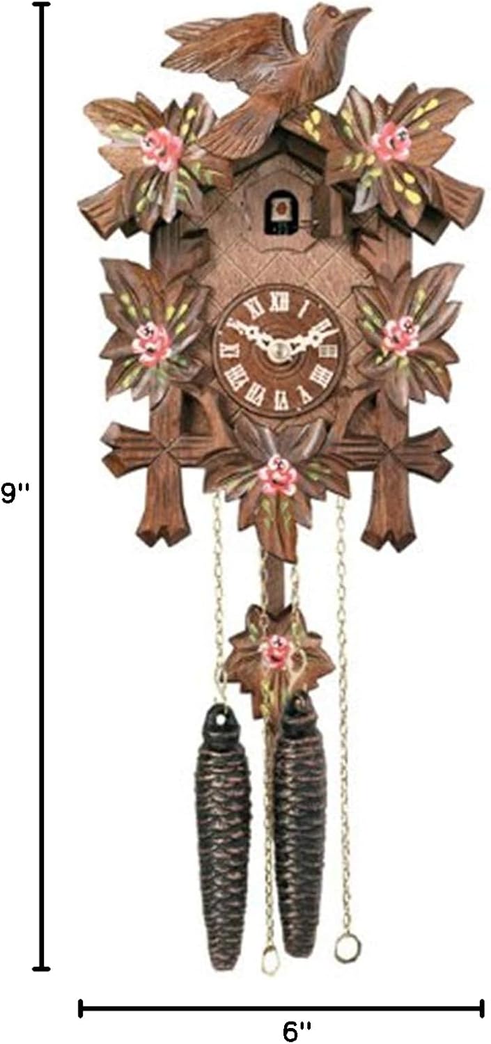 9' One Day Hand-Carved Mechanical Cuckoo Clock with Hand-Painted Flowers, Five Maple Leaves and One Bird