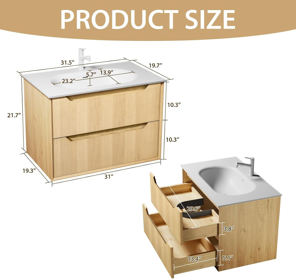 Eleshine 32' Wall Mounted Floating Bathroom Vanity with Sink, 2 Soft-Close Drawers, White Stone Top, Natural Oak Grid Texture, Multi-Layer Solid Wood, Pre-Assembled