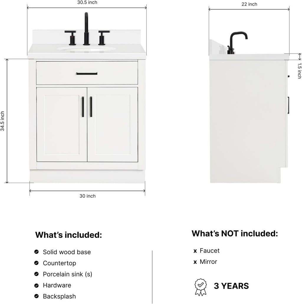 ARIEL Hepburn 30-inch Bathroom Vanity with Sink,Solid Wood, 1.5-inch Pure White Quartz Countertop & Backsplash, Single Oval Porcelain Sink, 2 Soft Closing Doors, 1 Dovetail Drawers, White