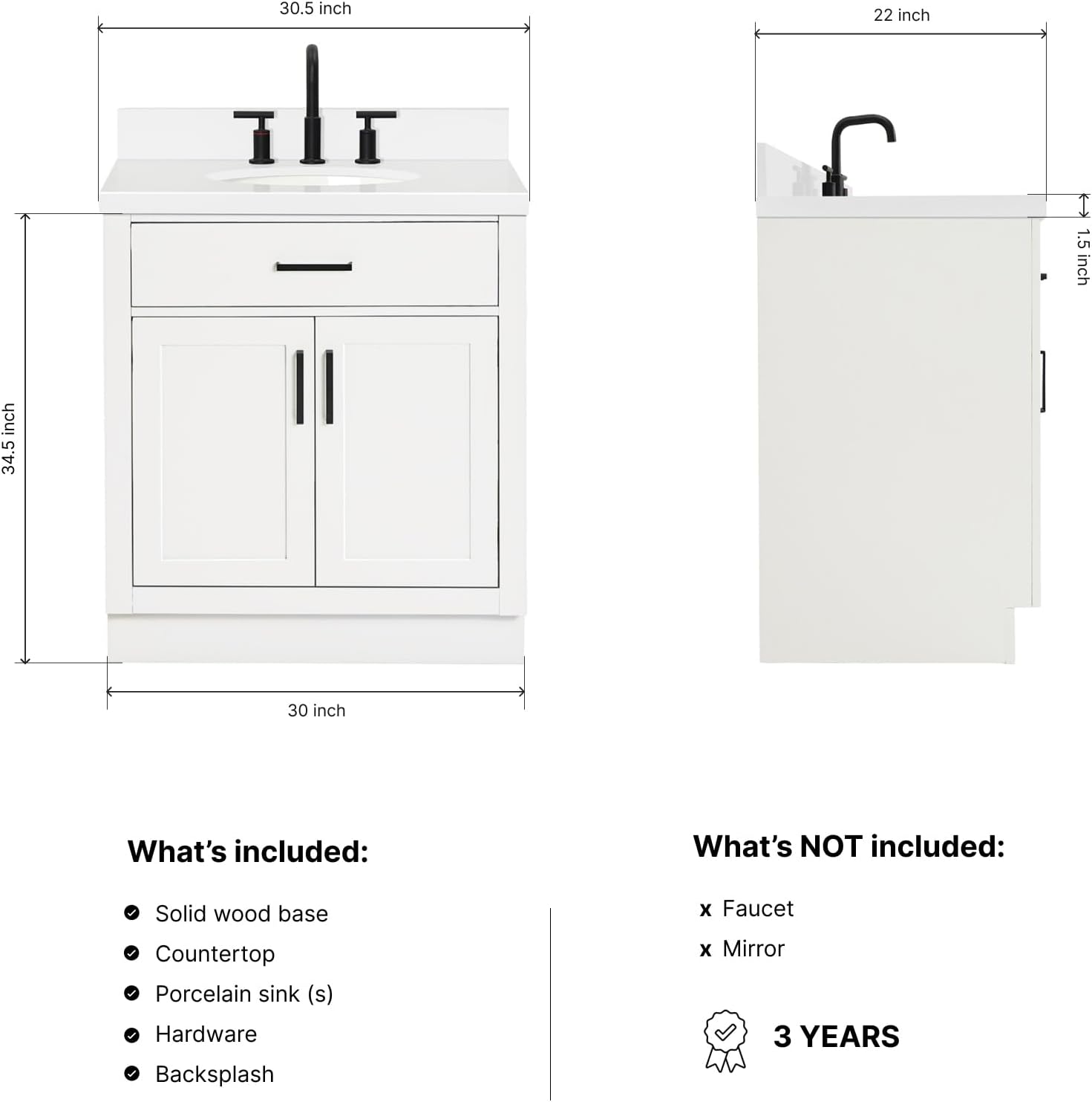 ARIEL Hepburn 30-inch Bathroom Vanity with Sink,Solid Wood, 1.5-inch Pure White Quartz Countertop & Backsplash, Single Oval Porcelain Sink, 2 Soft Closing Doors, 1 Dovetail Drawers, White