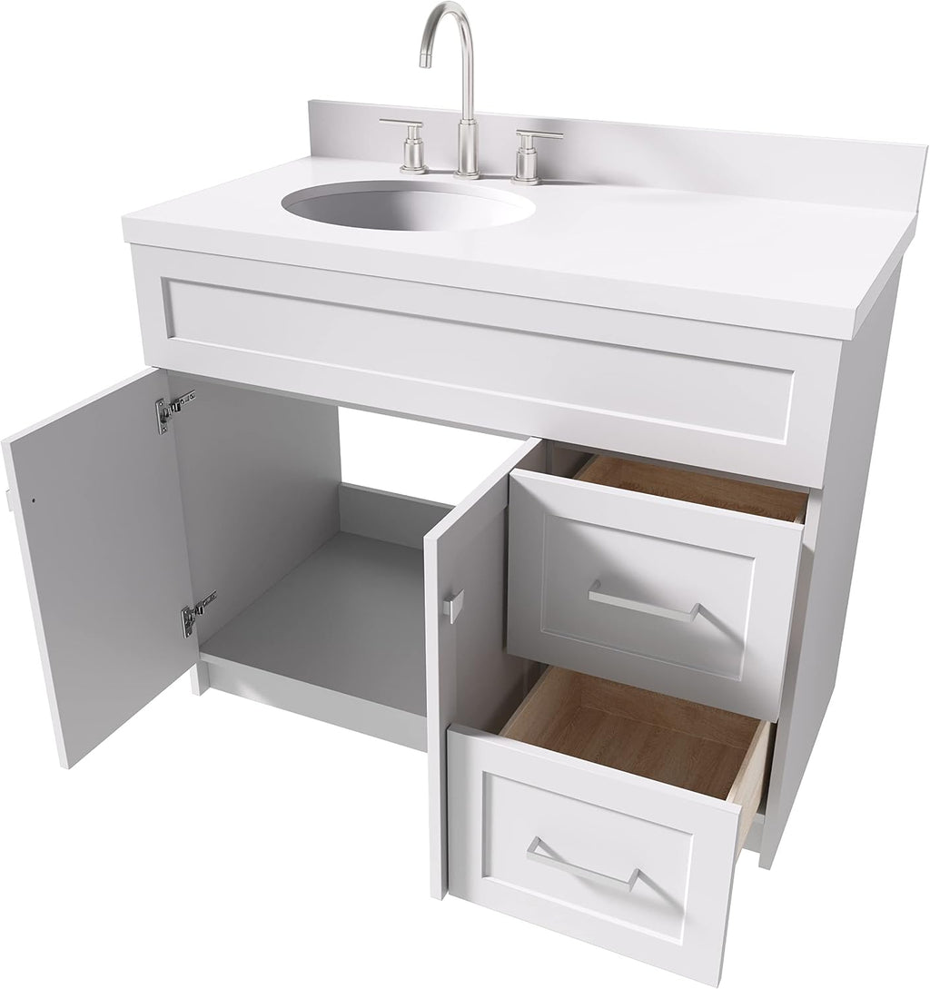 ARIEL Hamlet 43 in. Left Offset Oval Sink Vanity with 1.5' Inch White Quartz Countertop in White